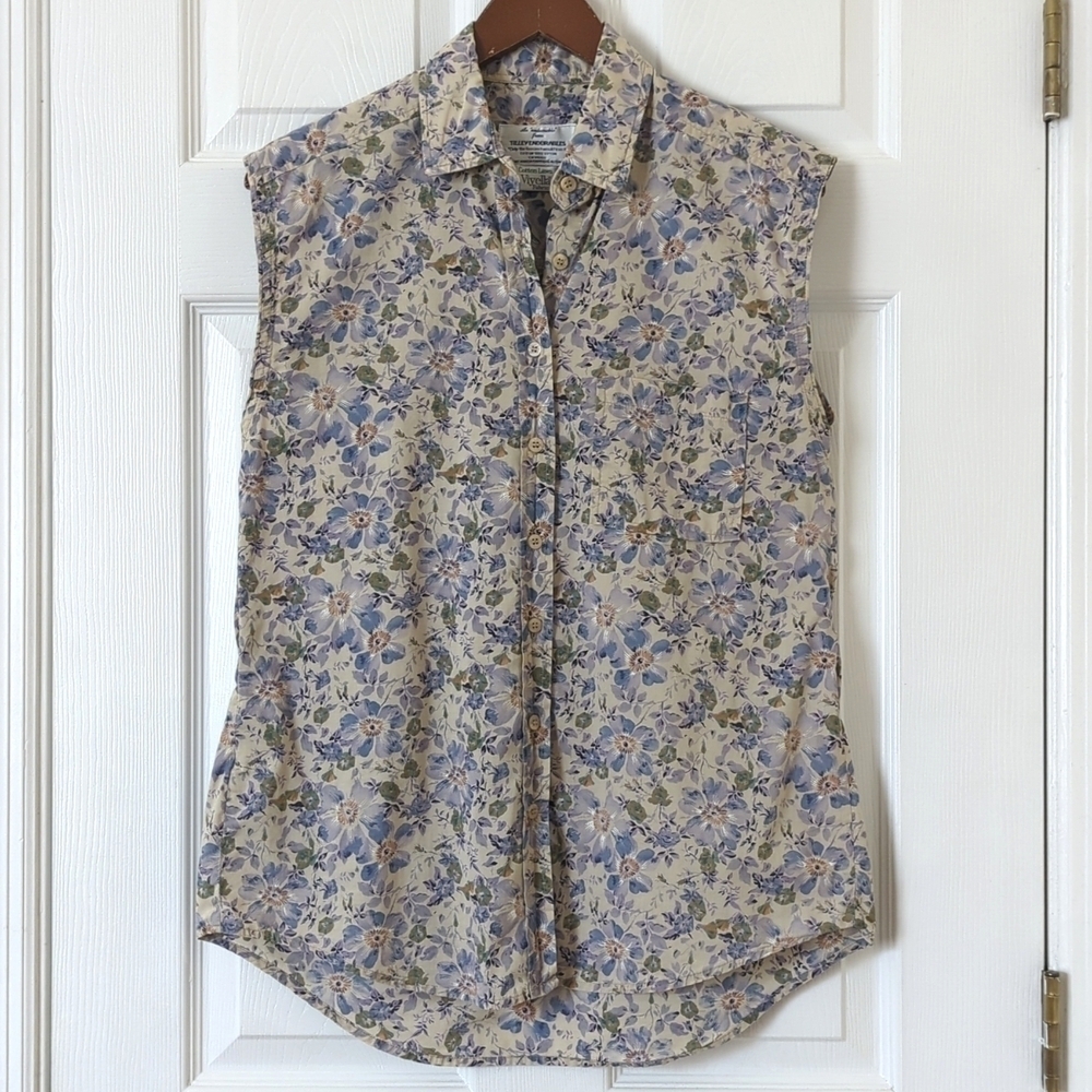 Tilley Endurables 90's Vintage Floral Sleeveless Button Down Tank Top Beige M
